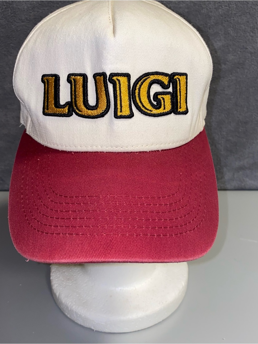 Luigi Brand Structured Trucker Snapback Hat Cap Maroon White Gold Embroidered
